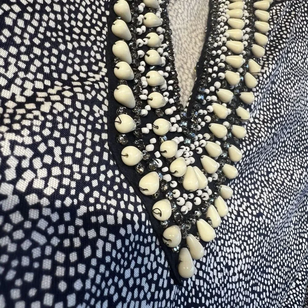 Tory Burch Blue & White Silk Beaded Dot Print  Blouse Tunic Top Size Small
